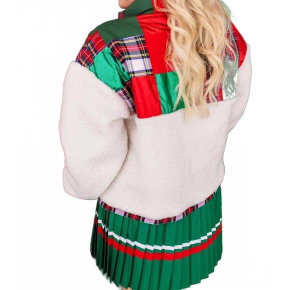 NEW BRIANNA CANNON tartan plaid patchwork sherpa jacket in red - Picture 2 of 5